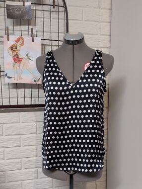 Navy White Polka Dot Satin Tank Loft XS NWOT